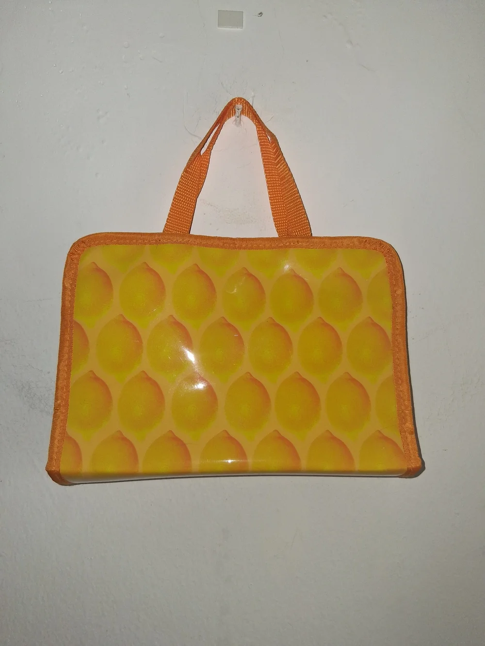 Lemon-Print Yellow Cosmetic Case with Orange Trim